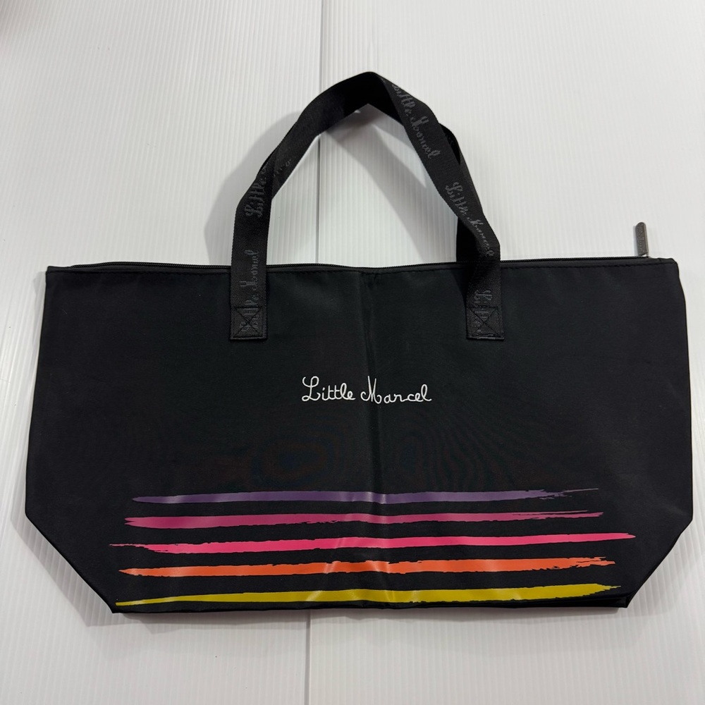 77. Little Marcel Black Tote with Colorful Stripes